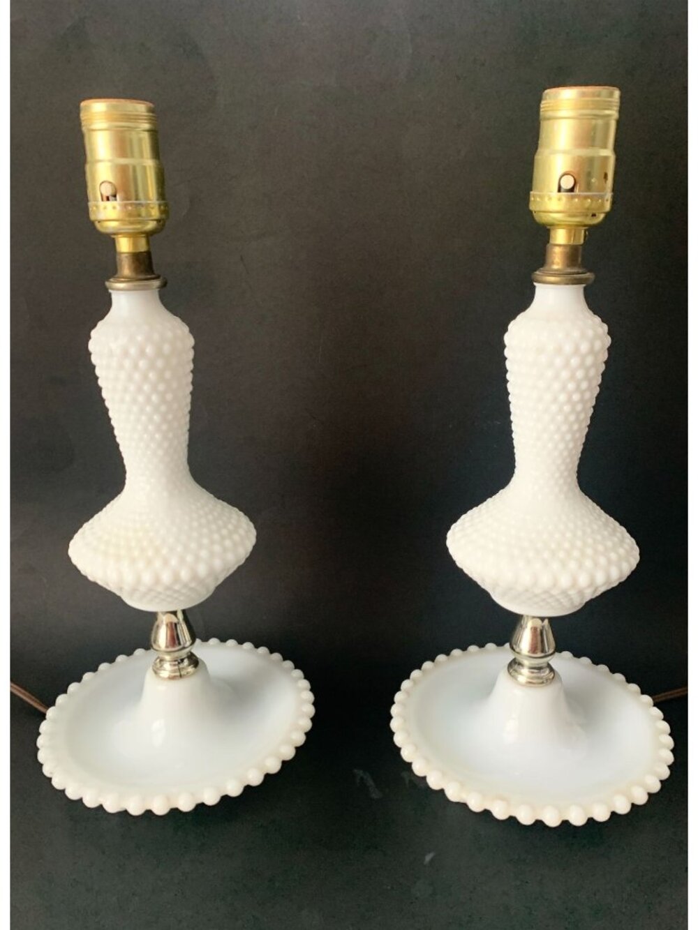 2 Vintage Milk Glass Hobnail Lamps White Mid Century Modern Boudoir Lamp